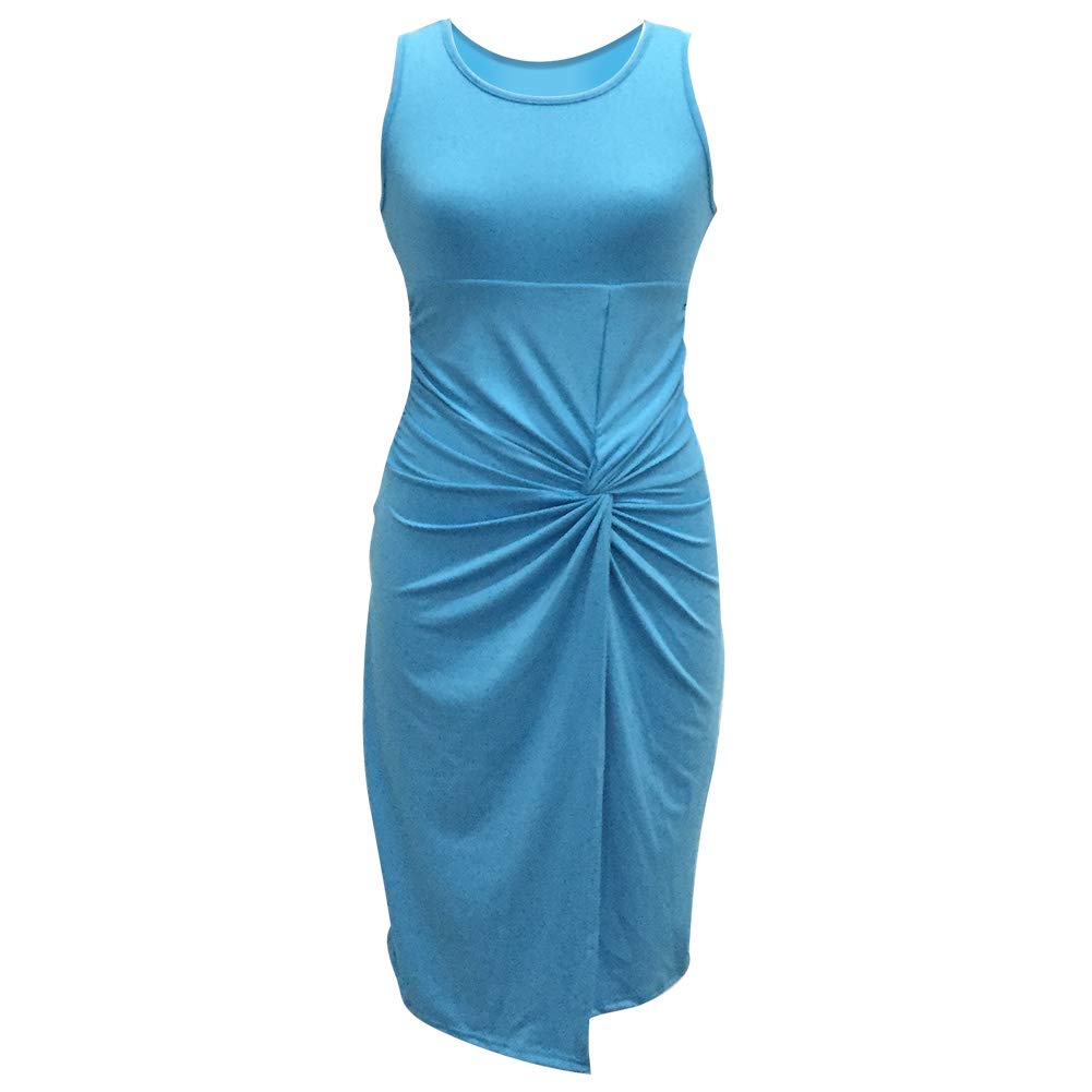 Women\'s Sleeveless Bodycon Dresses - Unique Ruched Knot Knee-Length Sheath Sundress Large Acid Blue
