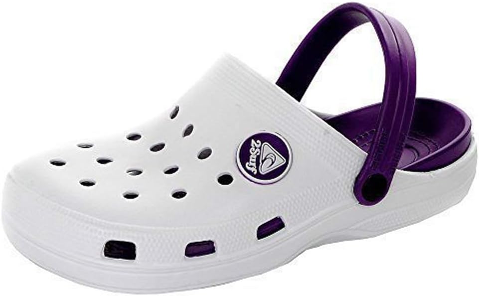 FCFWomen's Clogs Ladies Nursing Garden Beach Sandal Girls Sport Casual Plastic Mules New (White/Purple Strap) (5 UK)