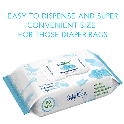 Simpleaf for Babies Wipes: Eco- Friendly, Thick and Effective, Paraben and Alcohol Free, Hypoallergenic and Safe for Sensitive Skin, Unscented, Soothing Aloe Vera 60 Counts (Pack of 3, 180 Wipes)