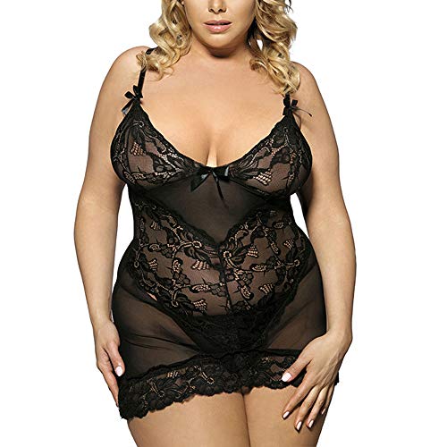 ManxiVoo Women Sexy Lingerie Nightgown Plus Size 2 PCs Lace Babydoll Mesh Chemise Sleepwear Nightdress (X-Large, Black) - Thumbnail 2