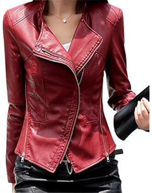 Women's Short Slim Slant Zip Faux Leather Moto Jacket Multiple Colors