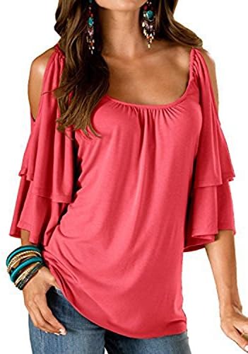 KABUEE Women's Summer Cold Shoulder Ruffle Short Sleeve Loose Tunic Tops Solid Shirt Blouse