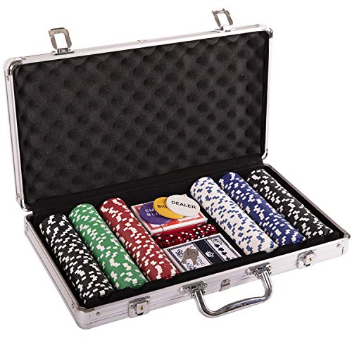 Silly Goose Poker Chip Set, Poker Chips (300/11.5 gr), Color Dice (5), Playing Cards (2) Aluminum Case w/Key (1), Buttons (3)