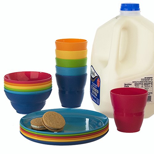 Ellie Kids Plastic Tumblers, Snack Bowls & Snack Plates | 18-piece set in 6 Assorted Colors