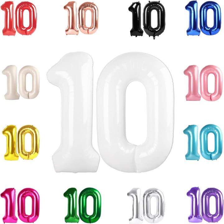 Photo 1 of 10 Balloon Number, White Number 10th Birthday Balloons 40 Inch, 10 Years Old White Birthday Decorations for Boys Girls, 10th Anniversary Decorations