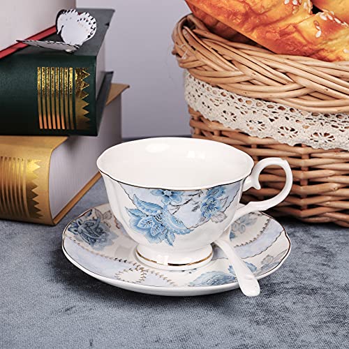 fanquare Set da tè in Porcellana con Fiori Blu, Set Tazza da tè e Piattino, Servizio da tè da Sei, Nozze Teiera… - immagine 5