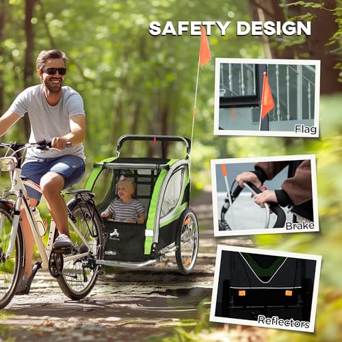 Aosom 2 Seat Bike Trailer for Kids 2-in-1 Double Baby Stroller with Handbrake, Rubber Wheels, 5 Point Harness, Waterproof Cover, Storage Bag, Reflectors