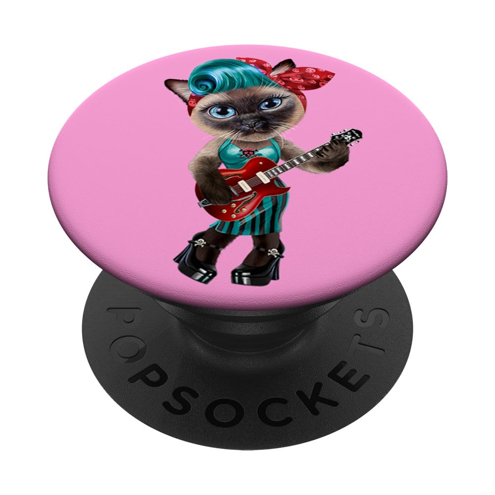 Retro Cat Guitarist in the Rock Band PopSockets Adhesive PopGrip