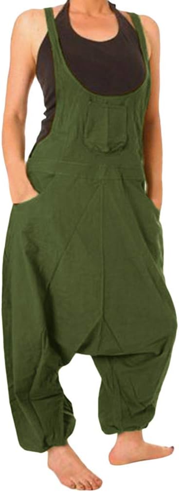 LiLiMeng 2019 New Women Casual Loose Stripe Print Strap Sleeveless Drop Crotch Baggy Overall Pockets Jumpsuit Long Pants
