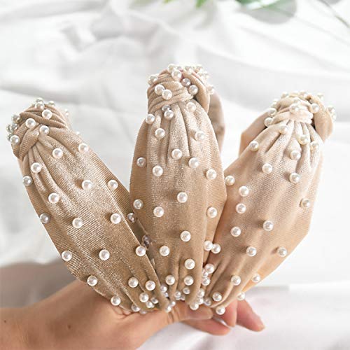 2Pcs Headbands for Women, BEBEEPOO Pearl Headbands with Velvet Knotted Wide Headbands, Faux Pearl Elastic Hair Hoops Fashion Vintage Styling Hair Accessories - Thumbnail 5