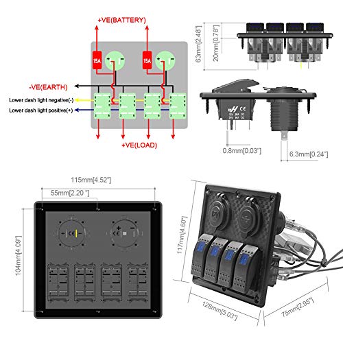 WUPP Boat Rocker Switch Panel Waterproof 4 Gang ON Off Electrical Switches with 3.1A Double USB Power Charger 12V Cigarette Lighter Socket for Marine Car RV Truck Jeep