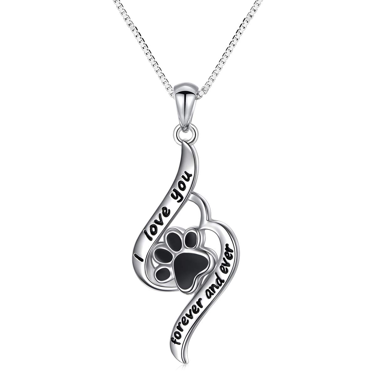 Flyow 925 Sterling Silver Paw Print Necklace for Women Girls Engraved I Love You, Forever and Ever, Animal Pet Jewelry for Cat Dog Paw Lovers (Paw Print)