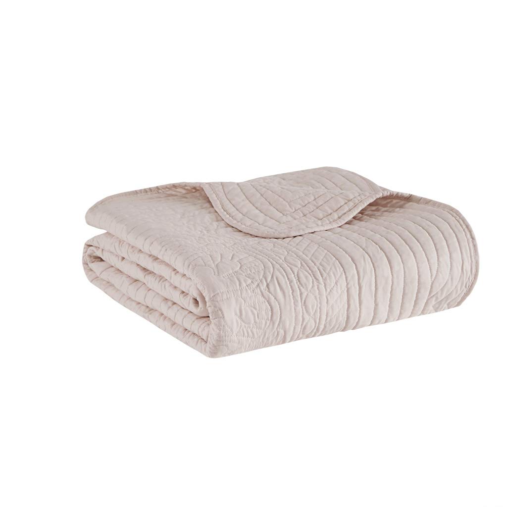 Madison Park Luxe Quilted Throw Blanket - Damask Stitching Design, Cotton Filled Spread, Ultra Soft, Cozy Bedding for Living Room Couch, Sofa, Bed, 60x72, Scalloped Borders Blush