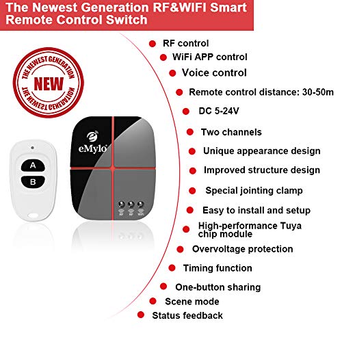 eMylo Smart Wifi Relay Switches Wireless 433Mhz RF Remote Control Light Switch Timer Controller For Household Appliance Compatible with Alexa, Google Home DC 5V-24V 2 Channels