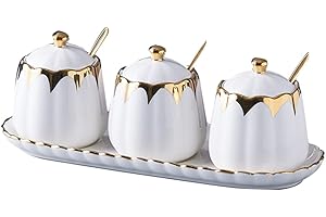 Fvstar Sugar Bowl with Lid and Spoon,Ceramic Condiment Jars Spice Container with Tray,Sugar and Salt Bowls,Gold Condiment Containers Pots Seasoning Box Set of 3 for Kitchen Coffee Bar