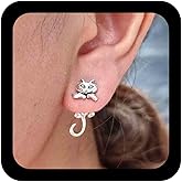 Aneneiceera Boho Cat Ear Jacket Earrings Silver Floating Cat Earrings Tiny 3D Cat Stud Earrings Hanging Cat Cute Earrings Jewelry for Women