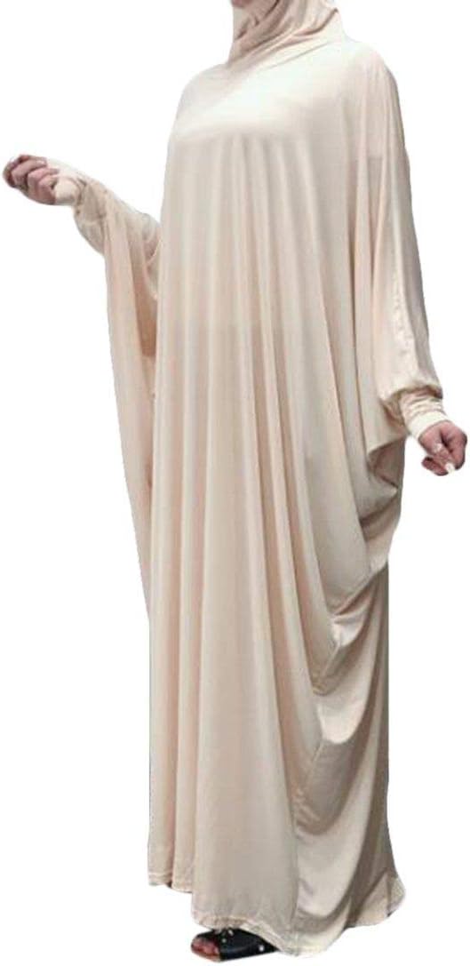 Womens Abaya Islamic One-Piece Batwing Sleeve Hijab Muslim Hajj Umrah Prayer Dress Beige F