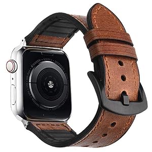 Image of Goton Leather Sport Band Compatible with Apple Watch Leather Band 44mm 42mm, Genuine Leather with Soft Silicone Men Women for iWatch Band Series 4 3 2 1 (Brown-SC, 44mm 42mm)