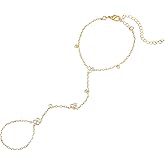 CZ Diamond Finger Ring Bracelet Hand Chain for Women, 14K Gold Plated Slave Bracelets