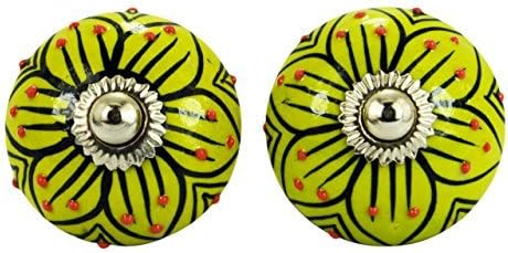 12 Pieces Doted Black Line On Green-yellow Flower Designed Ceramic Cupboard Cabinet Door Knobs Drawer Pulls Chrome Hardware