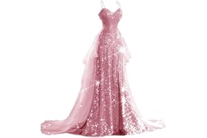 YUAOHUANG Sequin Prom Dresses for Women 2025 2 Piece Spaghetti Straps Sparkly Tulle Wedding Dresses Long Pageant Dresses