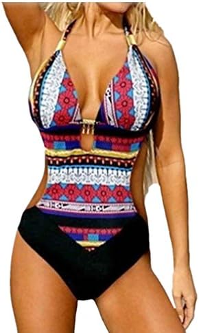 Leoy88 Women Bohemian Bikini Printed Bra One Piece Swimwear Swimsuit Beachwear (XL)