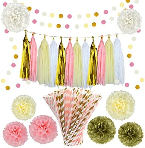 Pistha 30 PCS Bachelorette Party Decorations Party Decoration Paper Tissue Paper Pom Poms and 100 PCS Straw For Birthday Wedding Party Baby Shower Decorations