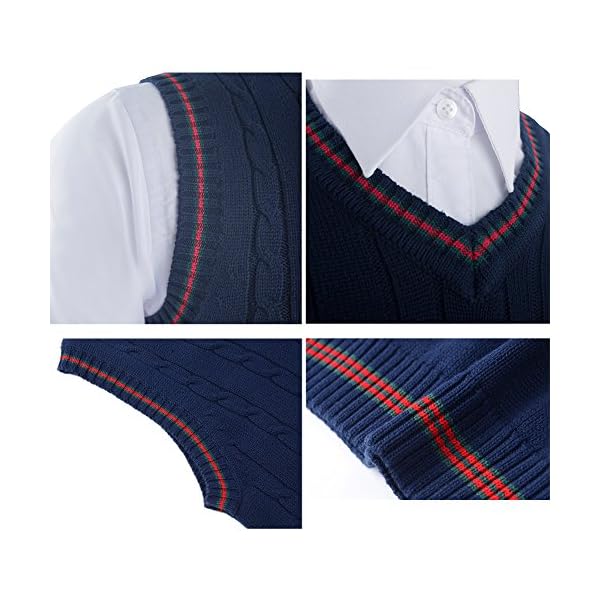 TOPTIE Men's V-Neck Cotton Twist Knit Sweater Vest Green and Red Trim - Image 7
