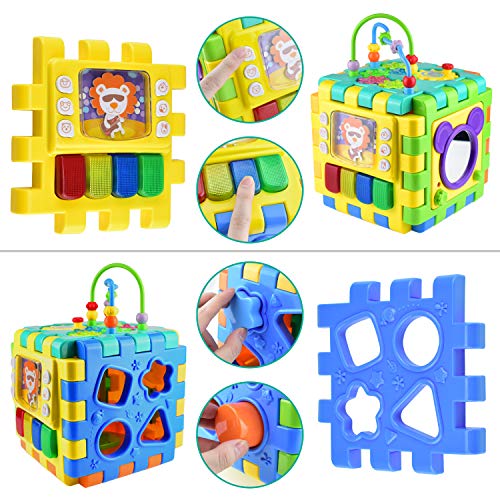Alcoon Activity Cube 6 in 1 Multipurpose Play Center for Kids Toddlers Busy Learner Cube with Shapes Maze Music Gears Clock Educational Game Toys