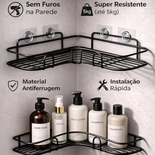 Kit 2 Prateleiras de Canto para Banheiro Sem Furo – Porta Shampoo e Sabonete Organizador para Box Design Moderno em Alumínio Antiferrugem com Fixação Adesiva
