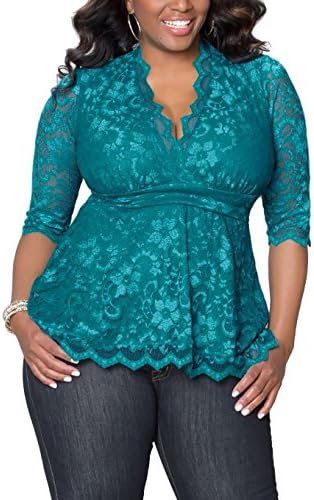 WANTU Womens Sexy Big Size V-neck Sleeved Floral Lace Tunic Blouse (US 16, green)
