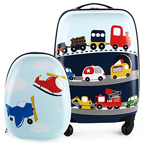 Durable Luggage Set, Lightweight, Hardside Upright Carry On Suitcase, Hard Shell Backpack, School Bag, Travel Journey Gift for 2, 3, 4, 5, 6 Year Old Little Kids, Boy, Girl(Cars, Heli) - iPlay, iLearn