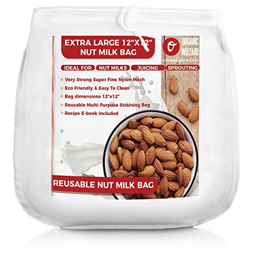 Organic Reusable Nut Milk Bag â€“ Best Quality Almond Milk Bag and Muslin Strainer â€“ Fine Nylon Mesh Cheesecloth & Cold Brew Coffee Filter â€“ 12â€x12â€ Premium Quality Food Sack + Free Ebook