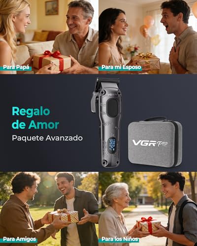 VGRPRO Máquina de Cortar Pelo Hombre Profesional, cortapelos hombre inalámbrico con estuche, kit para casa & barbería, pantalla LED, regalo hombre (Gris)