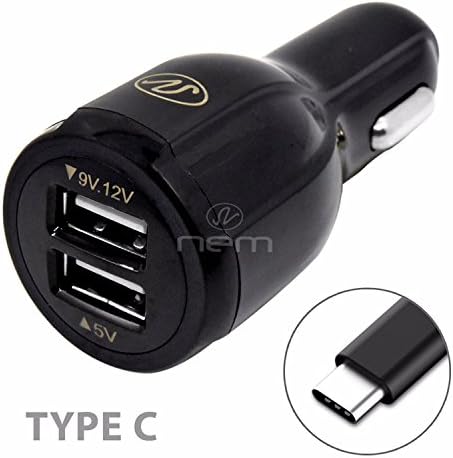 Huawei P10 Accessory Kit, 2 in 1 Fast Charging DUAL USB 4.3 Amp Car Charger Adapter + 3 Feet TYPE C 2.0 Fast USB Data Sync Cable BLACK