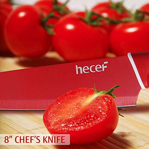 Hecef Colorful Knife Set with Covers,Non-stick Stainless Steel Blade with PP Handle, Includes 8\'\' Chef, 8\'\' Slicing, 8\'\' Bread, 8\'\' Fork, 5\'\' Utility and 3.5\'\' Paring Knife (multi-color)