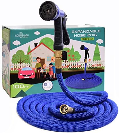GENIUSWAY 100-Feet Expandable Fabric Garden Hose with Adjustable Sprayer and Solid Brass End, Blue