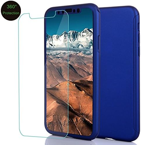 Iphone X Case, Full Body Shockproof Protective Flexible Hard PC Case Ultra Thin LightWeight Anti Scratch Dual Layer Removable Hybrid Cover with Tempered Glass Screen Protector for Iphone X(Blue)