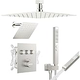 Shower Faucets Sets Brushed Nickel Shower System,12" Ceiling Rainfall Shower and 6" Wall Mount with 2 in 1 Handhled, Can Use All at Once, Thermostatic Shower Set with Valve and Trim Kit