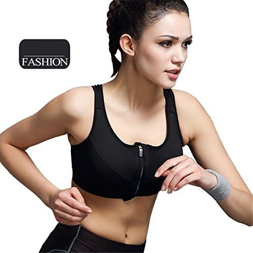 Laxuri Z520 Zipper Front Padded Wirefree Removable Cups Yoga Sports Bra (S, Black)