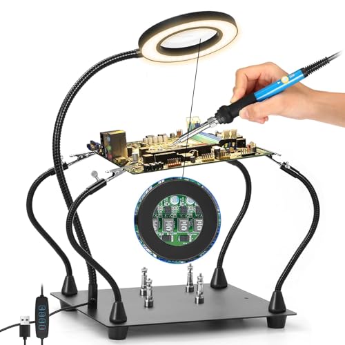PFUTURE Helping Hands Soldering Station with 6X LED Magnifier – Third Hand Tool with 4 Magnetic PCB Holders, Flexible Arms, Non-Slip Weighted Base for Electronics Repair, Crafts, Jewelry, DIY
