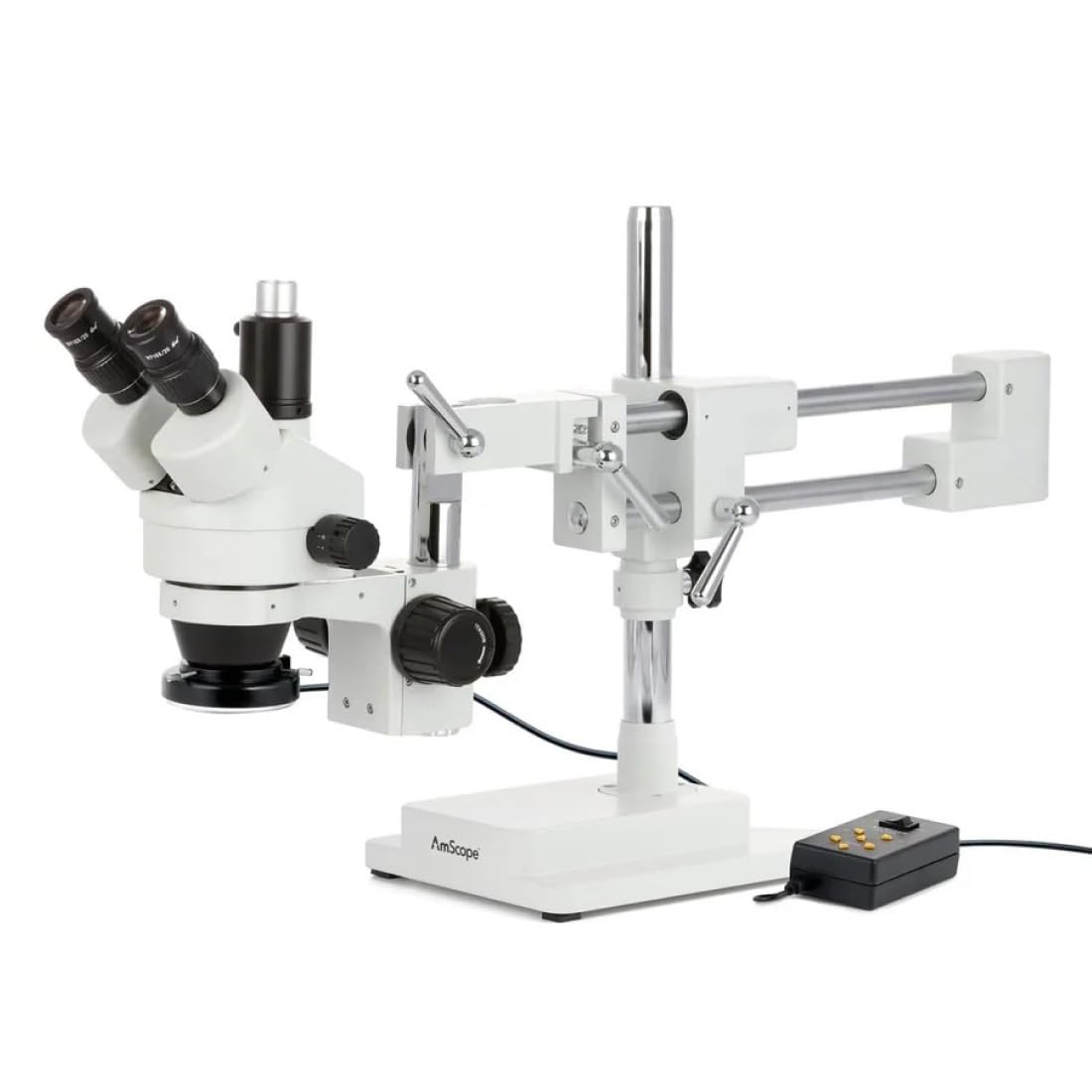 AmScope SM-4TZ-144A Microscopio trinocular profesional con zoom estéreo, oculares WH10x, aumento de 3,5X-90X, objetivo de zoom de 0,7X-4,5X, anillo de luz LED de cuatro zonas, soporte de brazo doble, 110V-240V, incluye lente Barlow de 0,5X y 2,0X