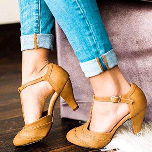 ZOMUSAR Shoes for Women, Womens Fashion Pumps Thick Heel T Type Straps Buckle Beach Shoes Roman Sandals Yellow