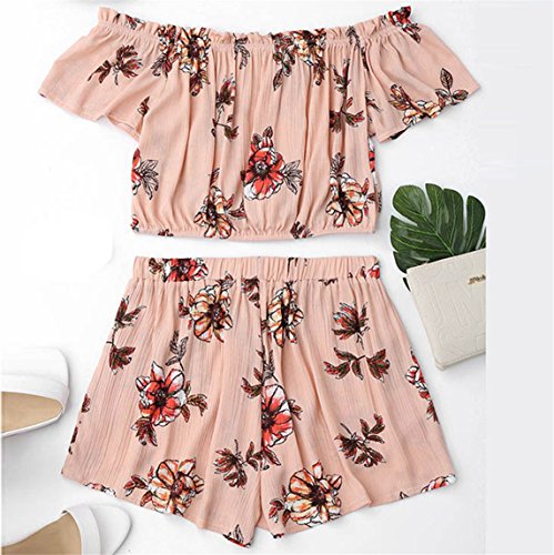 Women's 2 Pcs Floral Print Bohemian Crop Tops+Shorts Set Two Piece Outfit Suit Casual Beachwear (S, Pink)