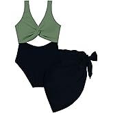 Funnycokid Girls One Piece Swimsuit Color Block Teen Bathing Suit with Pad Cover Up Skirt(7-16Y)