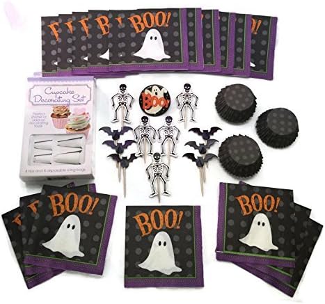 Halloween Cupcake Bundle 3pc Bundled Set including toppers, picks, liners, napkins with Bonus Ghost Light-up Pin and icing decoration kit.