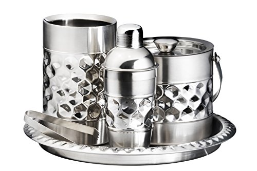Francois et Mimi Stainless Steel Bar Tools Set, Including Ice Bucket, Wine Chiller, Cocktail Shaker and Serving Tray