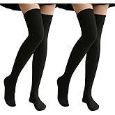 Sucrain Women's 2 Pairs Thigh High Socks Over the Knee Boot Socks Long Cotton Knit Warm Thick Stockings Leg Warmers (Black+Black)
