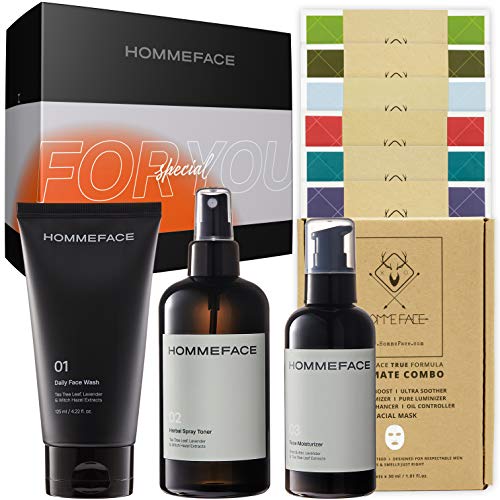 HOMMEFACE Skincare Trio for Men, Limited Holiday Edition – 3-Step Routine Kit, Ultimate Combo Sheet Mask Set of 6 & Free Gift Included with Box