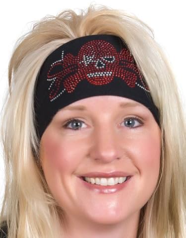 Open Road Girl Head Wrap: Wide Headbands for Women: Biker Chick Hair Bandana: Skull With Rhinestones(Red)
